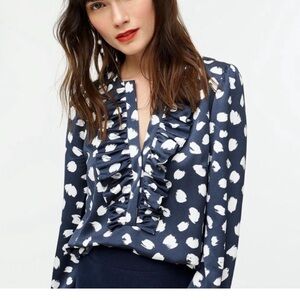 J. Crew Long Sleeve Ruffle-Front Navy and White Brushstroke Print Blouse Large